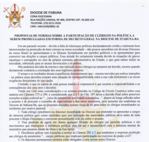 Decreto geral na Diocese de Itabuna sobre a participação de clérigos na política