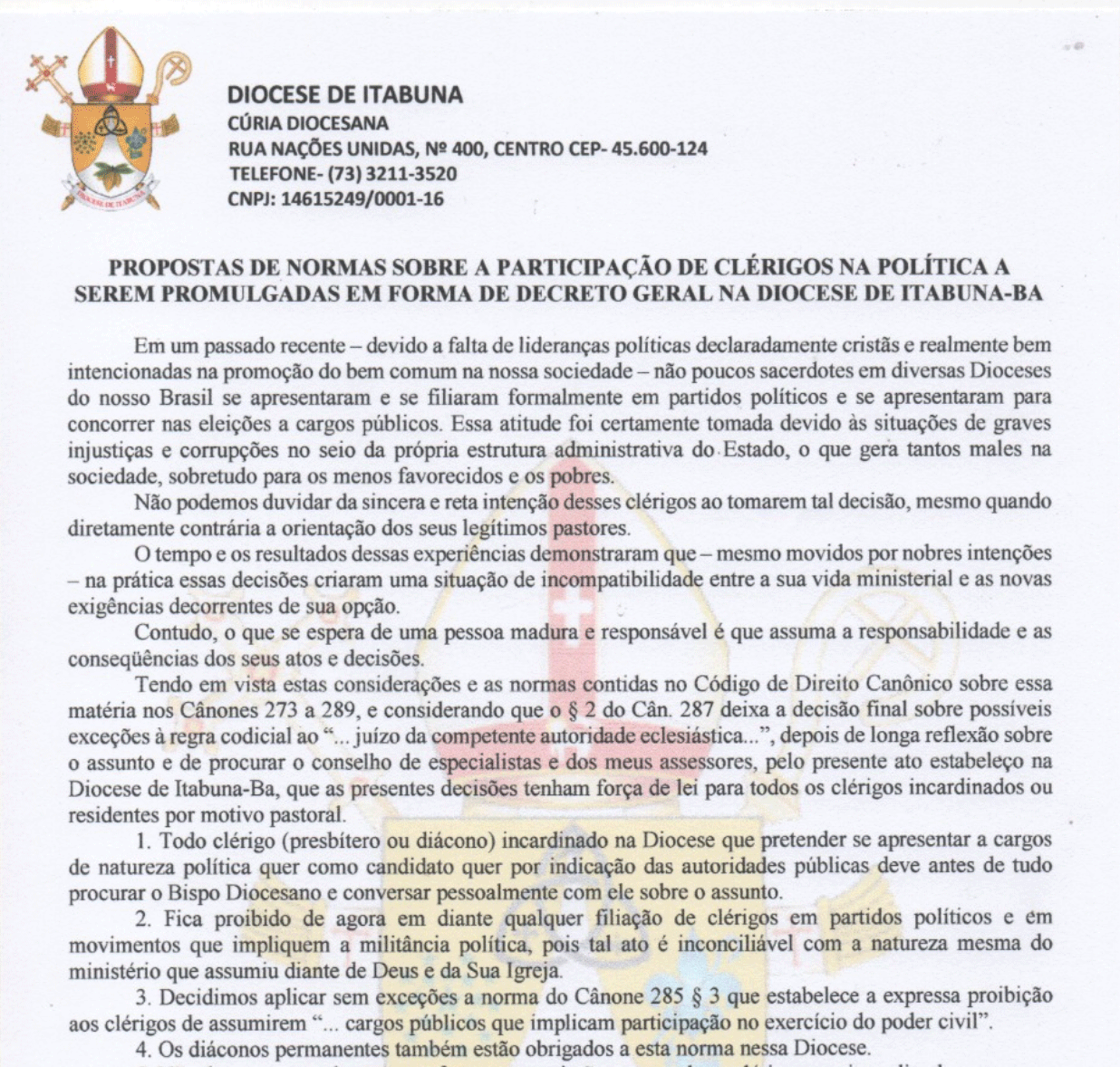 Decreto geral na Diocese de Itabuna sobre a participação de clérigos na política